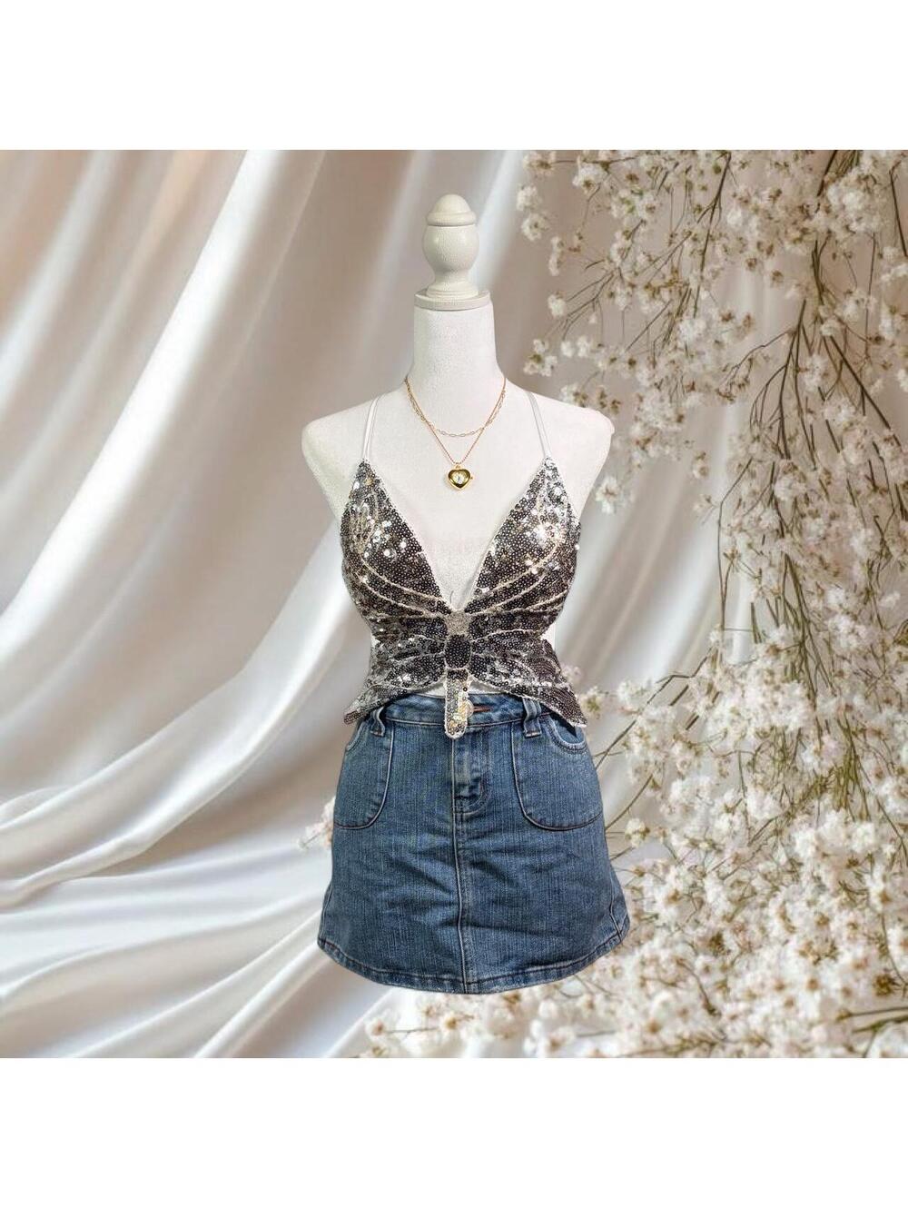 SEQUIN BUTTERFLY HALTER CROP TOP Y2K SILVER